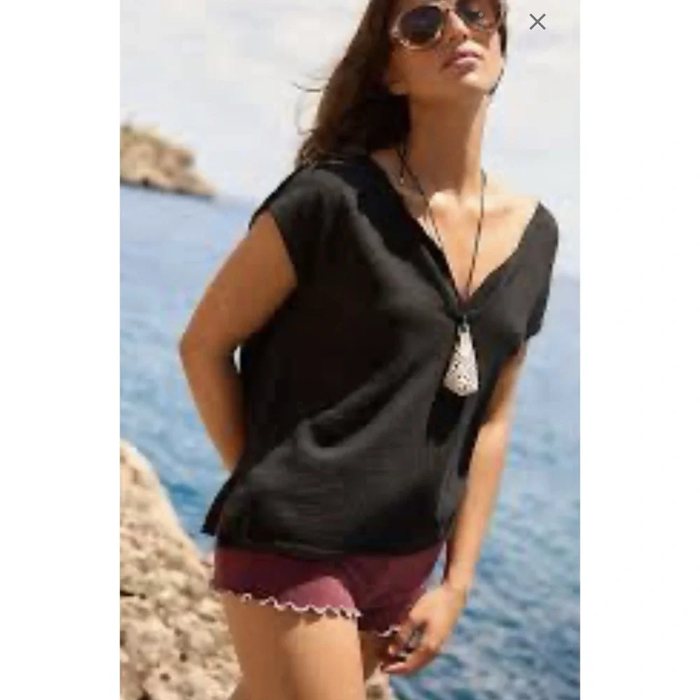 Free People Beach V Neck Boxy Oversized Top Sz M Brown Slouchy Coastal
